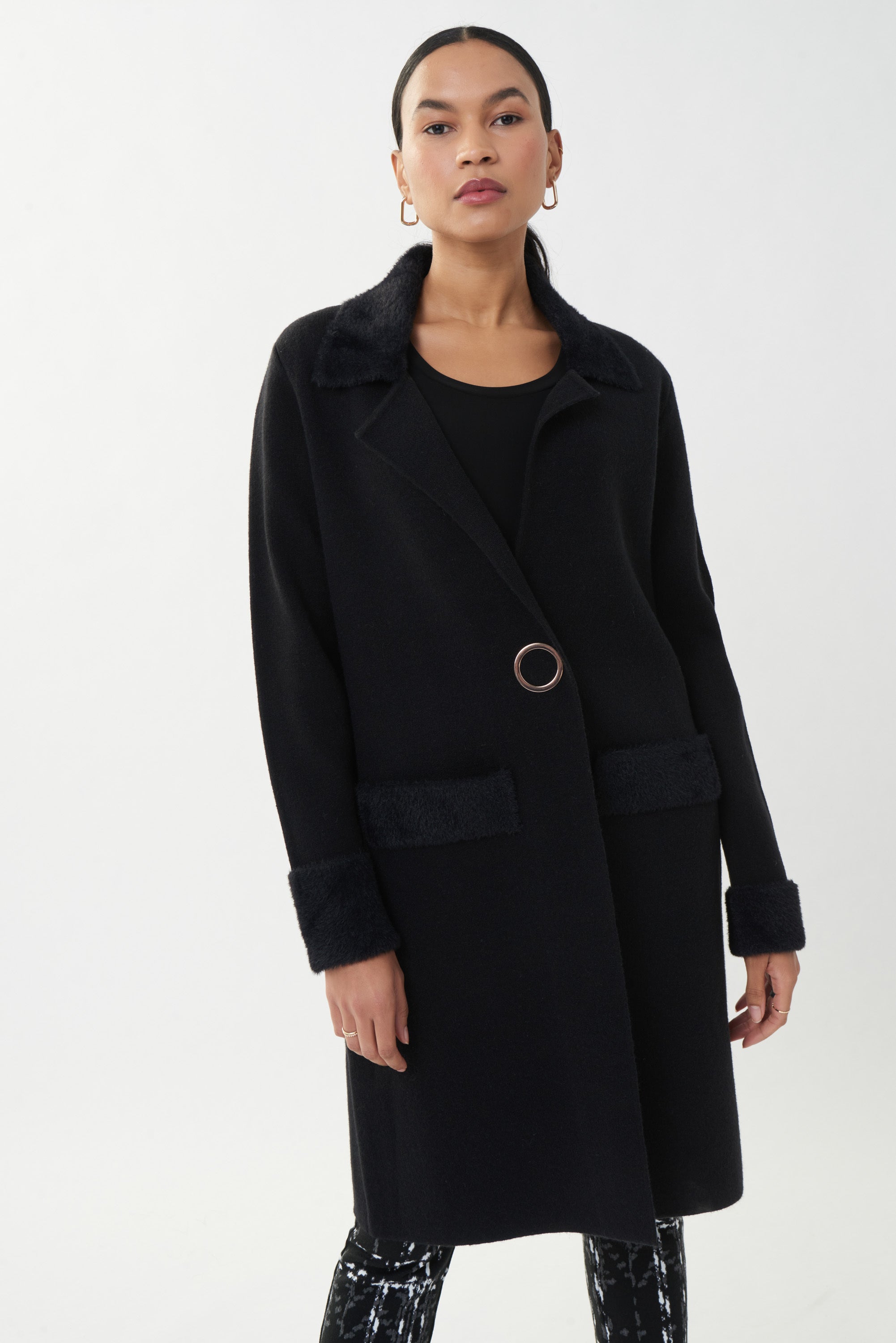 Joseph Ribkoff 223958 11 Black Long Coat w Faux Fur Trim gull castle